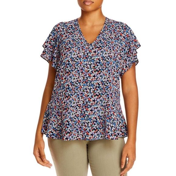 NEW Michael Kors Womens Plus 3X Navy Floral V Neck Blouse Flutter Sleeve Tunic - Picture 1 of 12